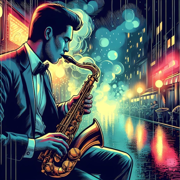 Pop art style of a saxophonist improvising in a smoky jazz club on a rainy evening the neon lights