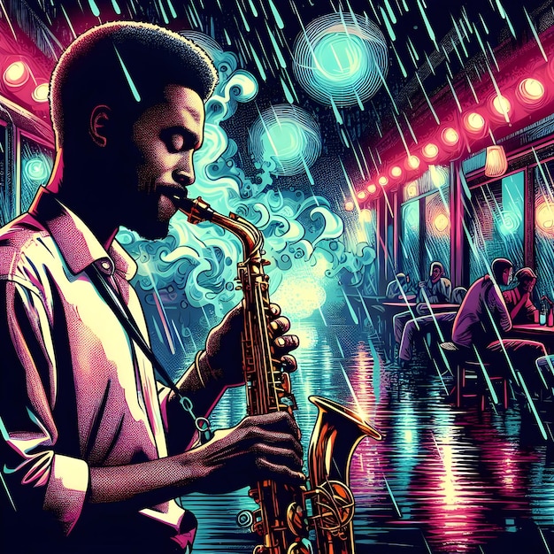 Pop art style of a saxophonist improvising in a smoky jazz club on a rainy evening the neon lights