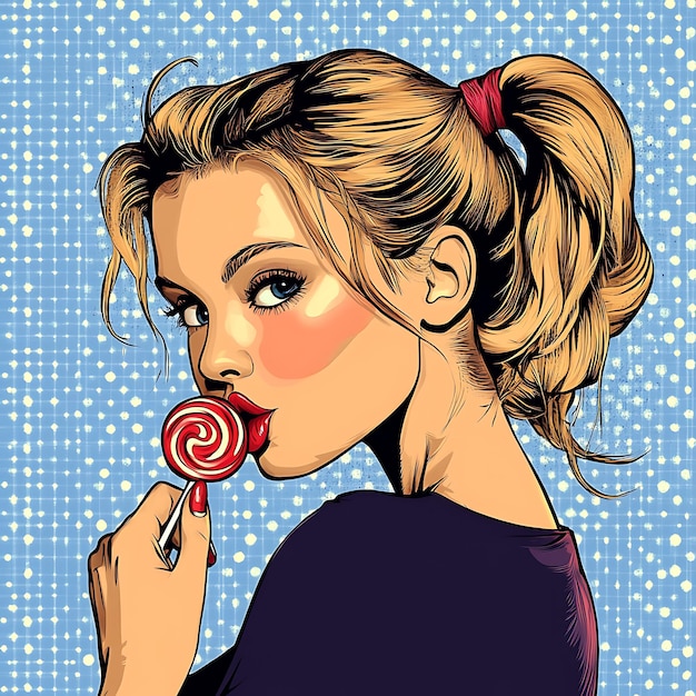 Photo pop art woman with red lollipop