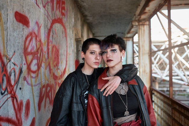 Pop punk aesthetic portrait of women posing inside building