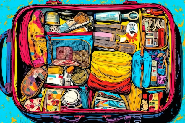 Popart illustration background or vector of the inside of a traveller's bag Knolling composition