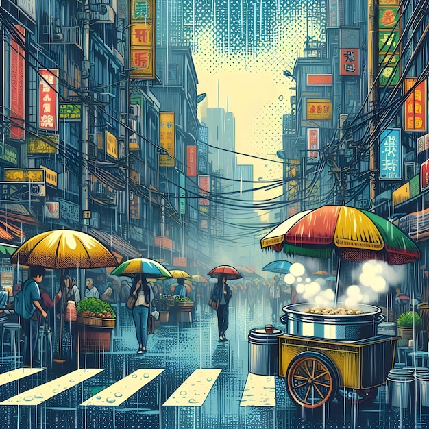 Popart style of a bustling city street corner rain pouring down in sheets umbrellas bobbing amidst