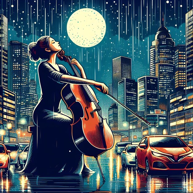 Popart style of a bustling cityscape under the shimmering moonlight a cellist plays passionately i