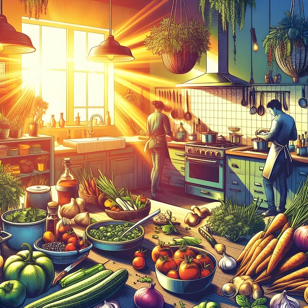 Photo popart style of bustling kitchen amidst vibrant vegetables and aromatic herbs under the warm glow