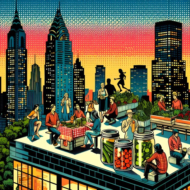 Photo popart style of dynamic shapes and patterns capture the essence of a bustling urban rooftop garden