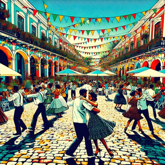 Popart style of a lively salsa festival in a historic town square where couples dance joyously amid