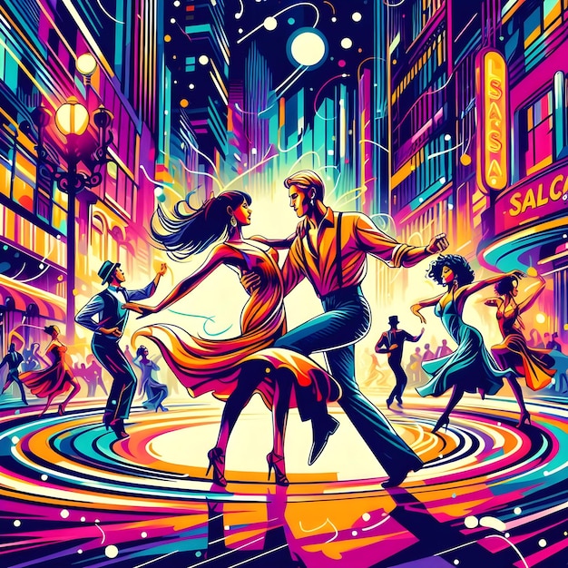 Popart style of vibrant dancers swirling under the neon lights of a bustling city salsa club exudin