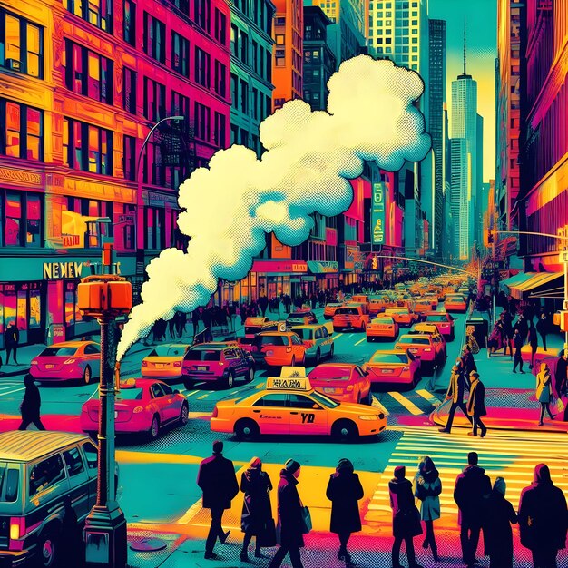 Photo popart style of vibrant hues captures the bustling streets of new york city as smokers huddle togeth