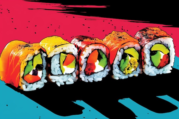 An PopArt Sushi Colorful Depiction of Sushi Roll