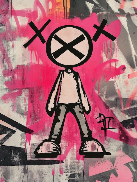 Popartinspired cartoon figure with 39X39 eyes standing against an abstract graffiti minimalistic bac