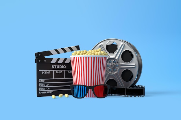 Popcorn 3D glasses disposable cups of red cola film reel and clapboard on blue background 3D render