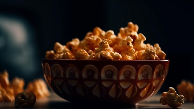 Popcorn in a bowl on a wooden backgroundgenerative ai