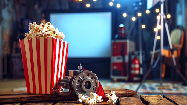 A popcorn box and a movie poster for the movie