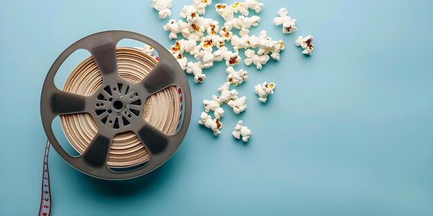 Popcorn box with film reel on cyan background for movie night Concept Movie Night Popcorn Box Film Reel Cyan Background Entertainment