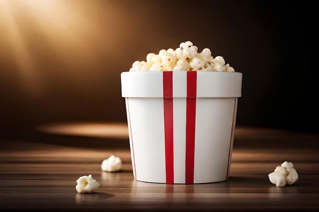 A popcorn bucket with a red stripe on the side sits on a wooden table.