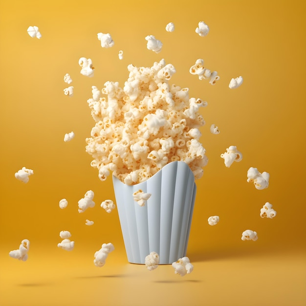 A popcorn container with a yellow background and a bunch of popcorn flying out of it.