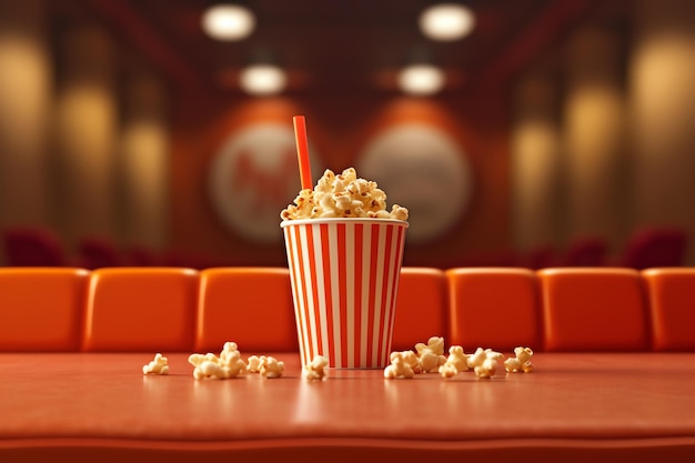 A popcorn cup with a straw in it sits on a table in front of a cinema