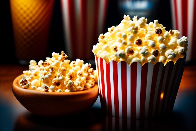 Popcorn on a dark background with a bowl of popcorn