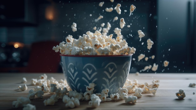 Popcorn falling into a bowl with a dark background