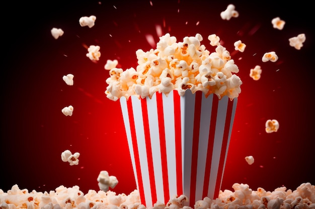 Popcorn flying out of red white striped paper box isolated on white background