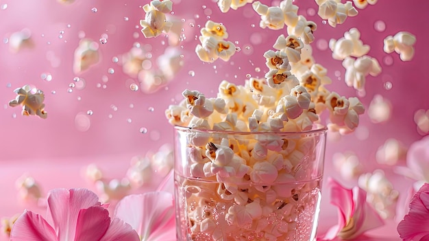 Photo popcorn is airborne against a vibrant glass with a pink backdrop copy space image