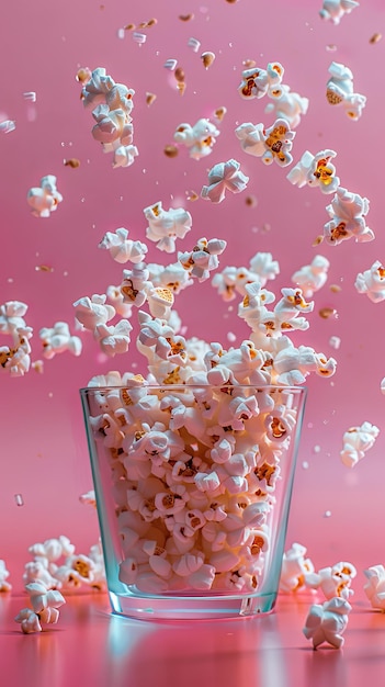 Photo popcorn is airborne against a vibrant glass with a pink backdrop copy space image