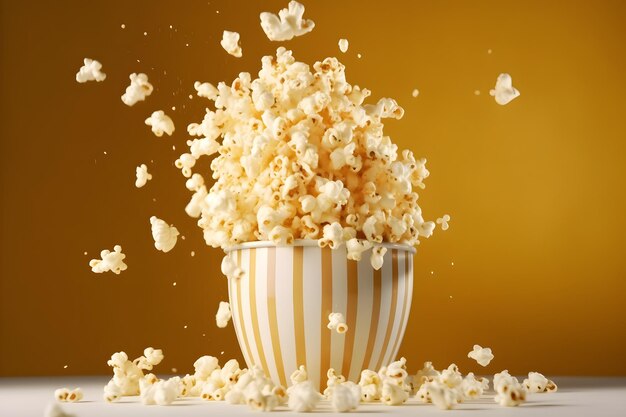 A popcorn is falling into a bowl with the word popcorn on it.