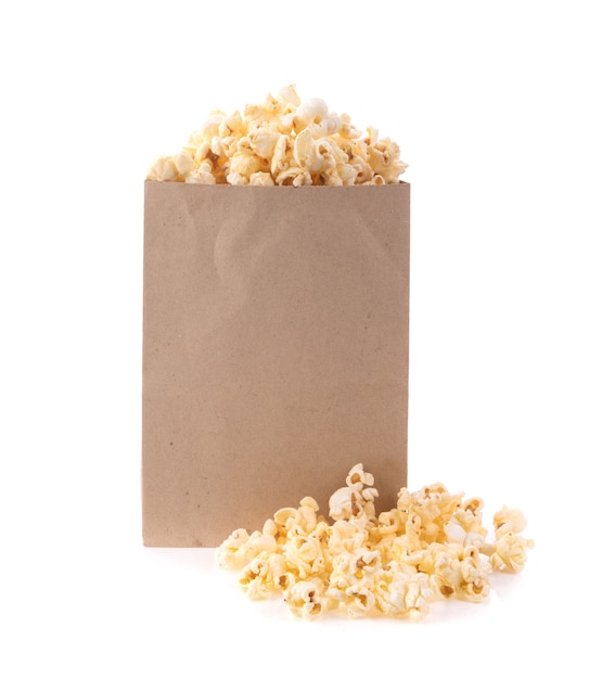 Popcorn in a paper bag isolated on white background