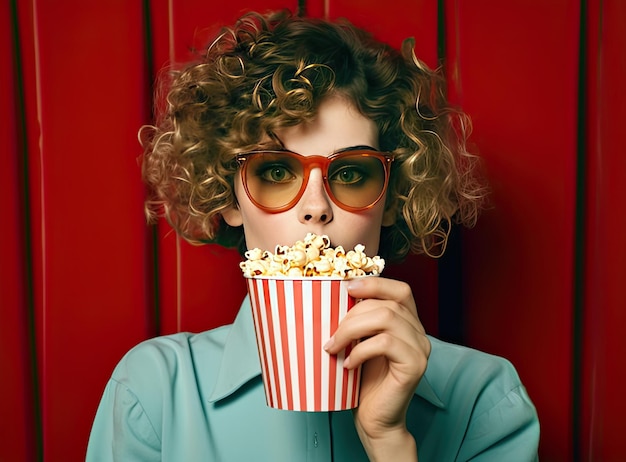 Popcorn paper bucket in the hands of a young girl preparing to watch a movie Showtime Eating