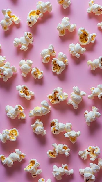 Popcorn pieces scattered on a pink background abstract food pattern Snack and fun concept