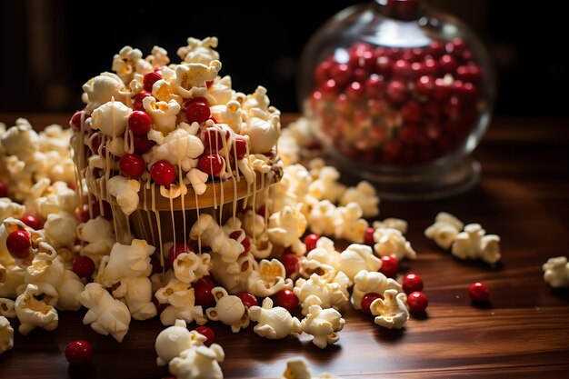 Photo popcorn pops wooden table