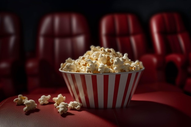 Popcorn in a red striped box on a dark background Cinema concept