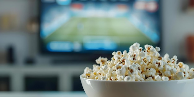 Popcorn and soccer on TV create perfect home entertainment scene Concept Home Entertainment Popcorn Soccer TV Relaxing Night