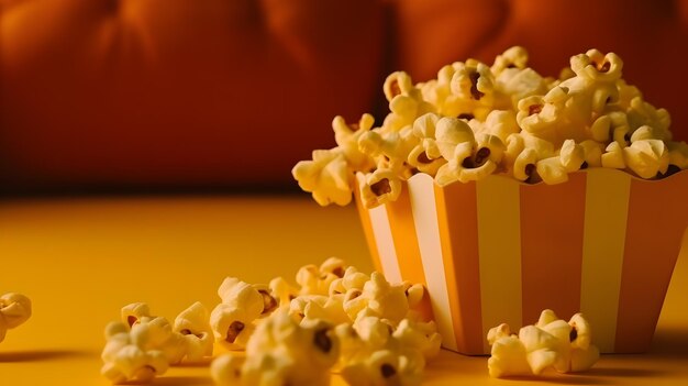 Popcorn in a striped bucket on a yellow background