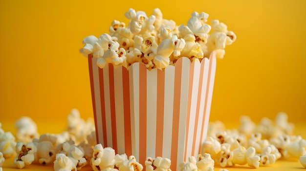 Popcorn in striped paper glass professional food shot Popcorn isolated on a yellow background