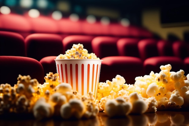 Popcorn on a table in front of a movie theater