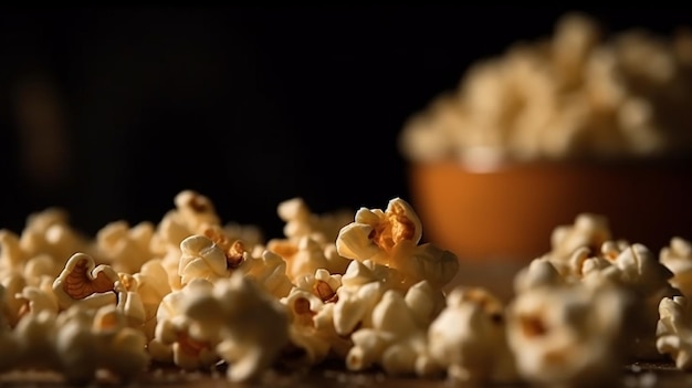 Popcorn on a table with a bowl of popcorn in the background