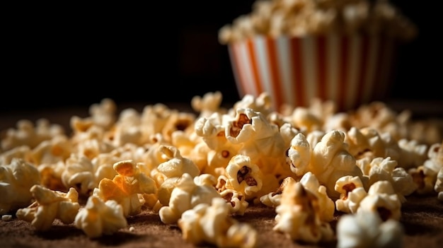 Popcorn on a table with a box of popcorn in the background