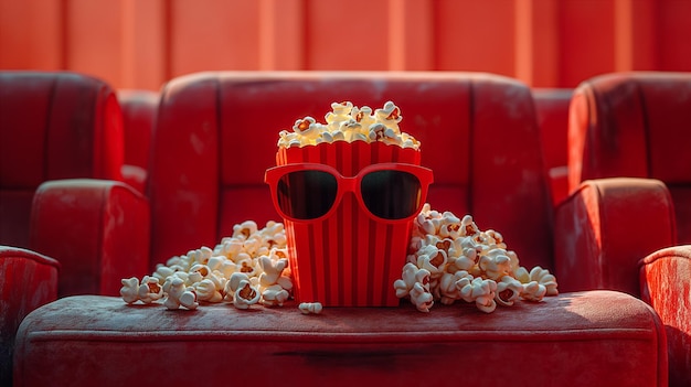 Photo popcorn with sunglasses in movie theater seats generative ai