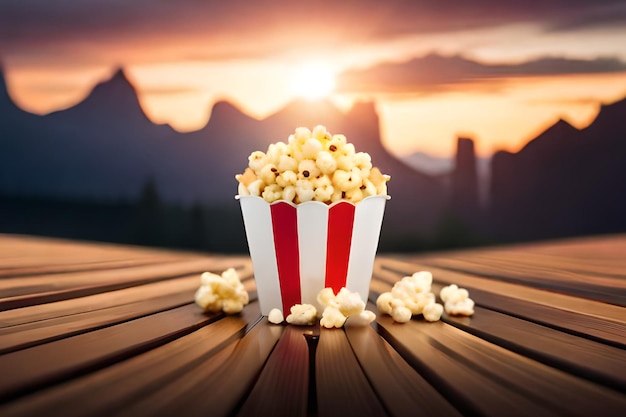 Popcorn on a wooden table with a sunset in the background