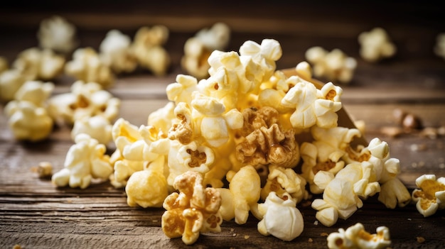 Popcorn on a wooden table