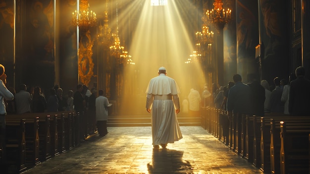 Pope Francis dressed in his white robe walking down an aisle within a Catholic church setting He