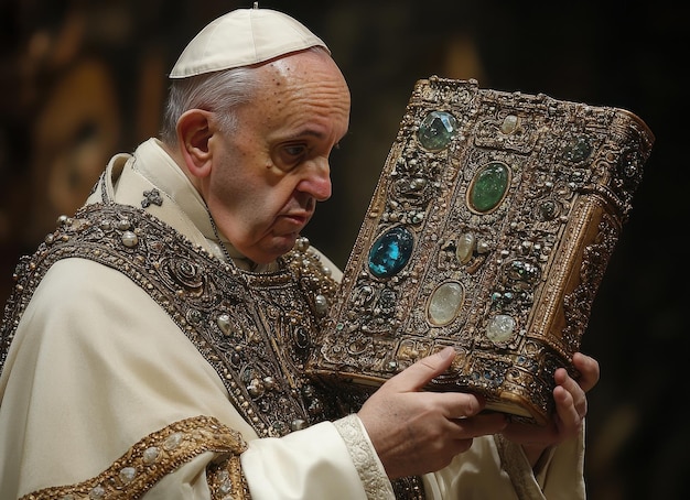 Photo pope francis holds an ornate book adorned with gemstones during a ceremonial occasion in a historic setting