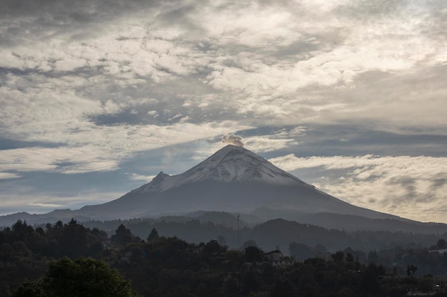 Popocatepetl volcano seen in the morning from a town in the state of Mexico sunrise in the province