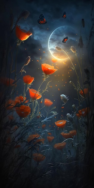 Poppies and butterflies in the night sky with full moon Generative AI