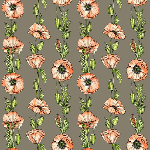 Poppies repeating on gray. Vertical floral pattern. Ink and watercolor.