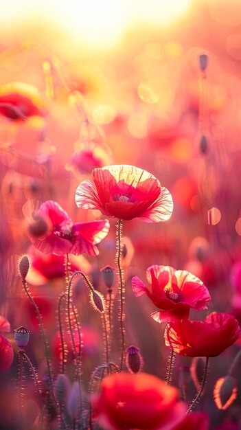 Photo poppy fields in sunset sky with sunlight blurred background