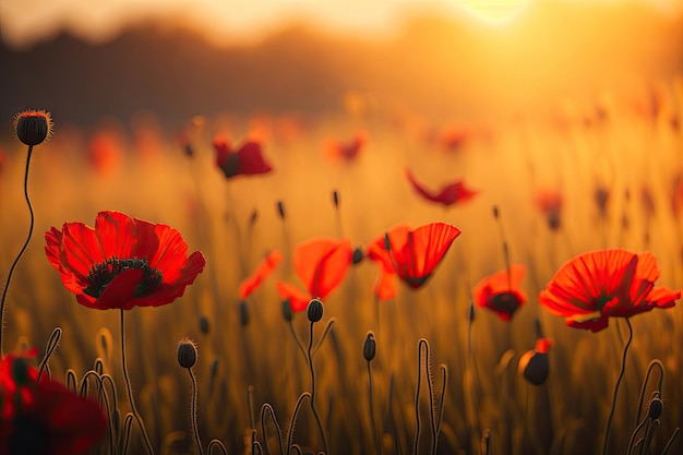 Poppy flower field bokeh lens flare ai generative