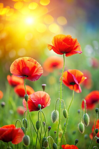 Poppy flowers on blurred nature background banner for website