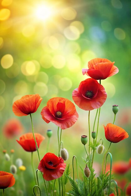 Poppy flowers on blurred nature background banner for website